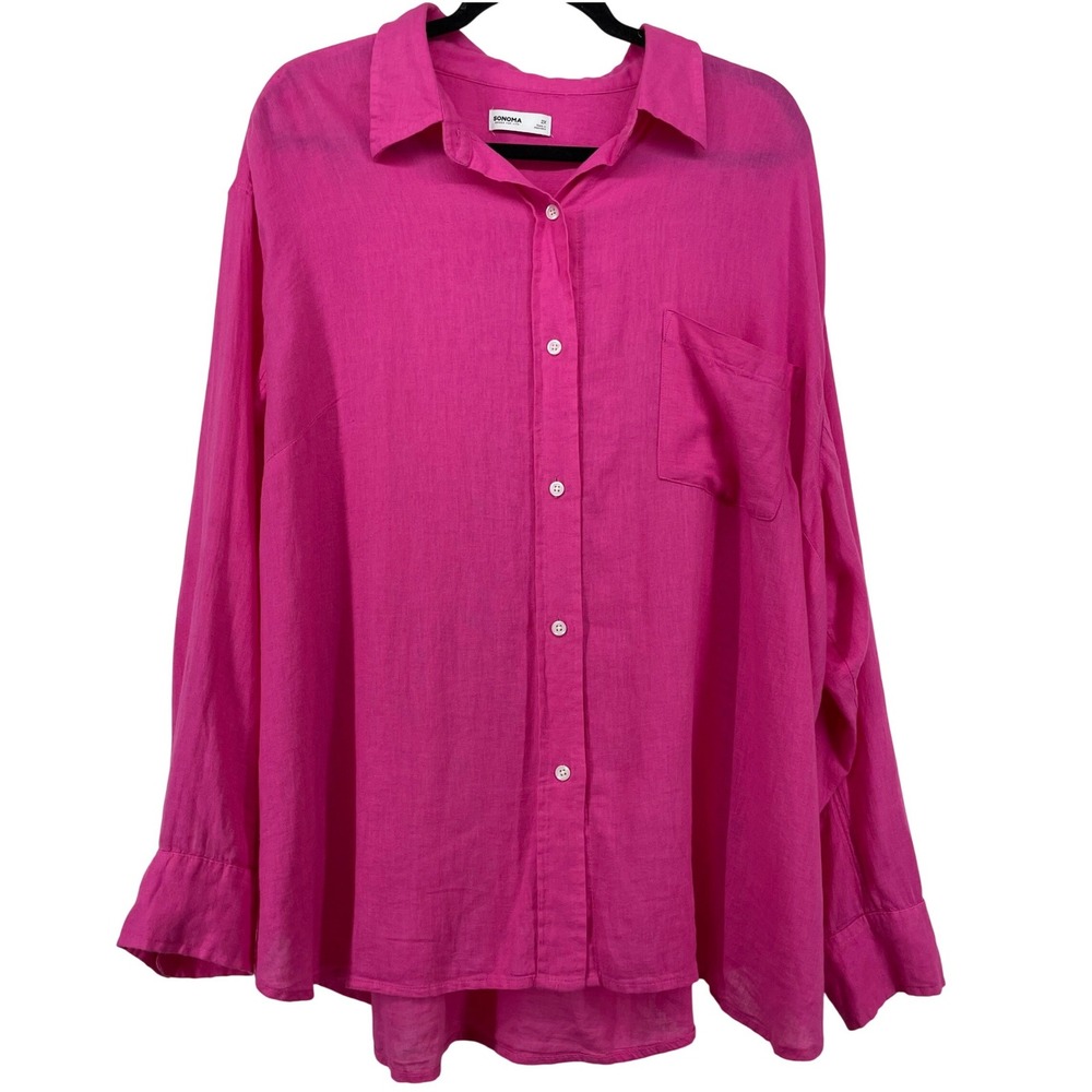 Sonoma Plus Size 2X Button Down Shirt Hot Pink Linen Blend Oversized Long Sleeve